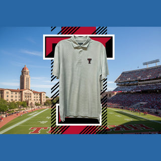 Texas Tech striped performance polo on campus background with red black T logo