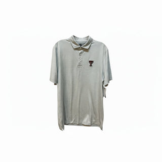 Light gray white striped men's polo flat lay with retail tag and three-button placket