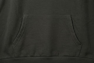 Close-up of black hoodie front kangaroo pocket with double-stitched seams