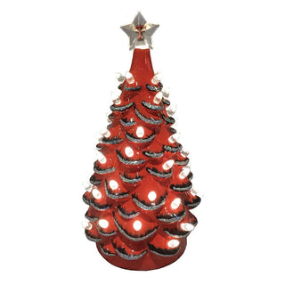 Texas Tech ceramic Christmas tree with red scalloped branches, silver glitter trim, embedded LED lights, and T-logo star topper