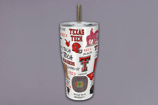 White Texas Tech University tumbler with red Raiders graphics and metal straw