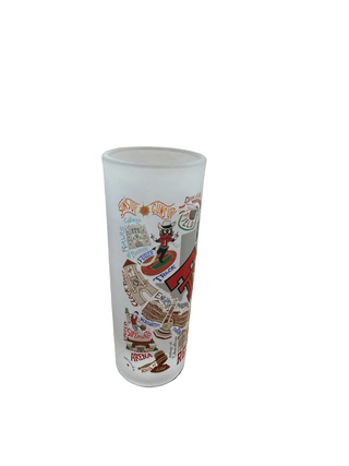 Frosted shot glass with colorful Texas Tech University campus landmarks and icons