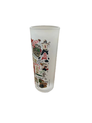 Frosted Texas Tech University shot glass with colorful campus landmarks and icons