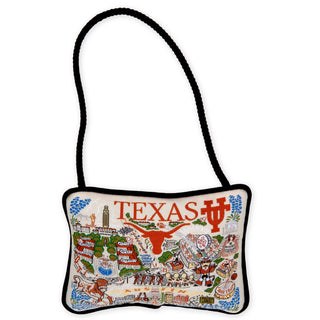Catstudio University of Texas embroidered ornament with Longhorns logo and Austin campus scenes