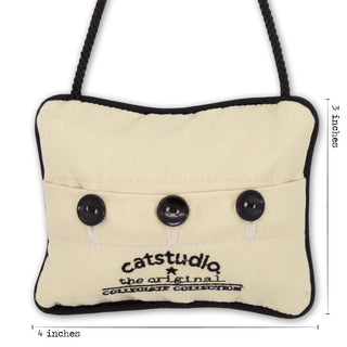 Back of Catstudio collegiate ornament showing cream canvas with three black buttons and brand logo, 4x3 inches