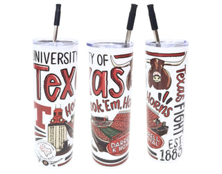 Three tumblers with Texas-themed designs 
