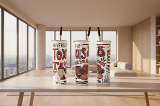 Three tumblers with Texas-themed designs 