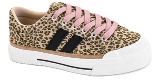Corky sand mini leopard print sneaker with pink laces and black side stripes