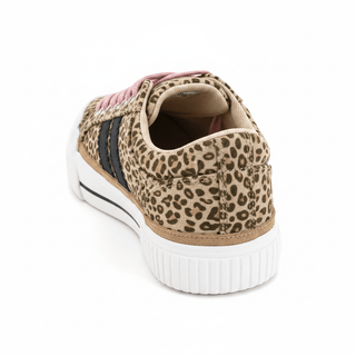 Sand mini leopard print sneaker with black stripes, pink laces, white sole