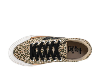 Corky Hey Girl sand mini leopard print lace-up sneaker with black stripe and white sole