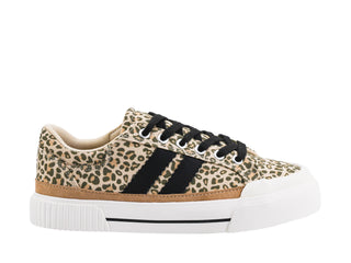 Sand mini leopard print low-top sneaker with black stripes and white sole