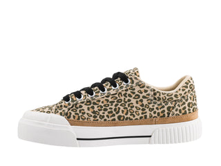 Corky sand mini leopard print canvas low-top sneaker with black laces and white sole.
