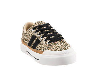 Sand mini leopard print low-top sneaker with black laces and white sole