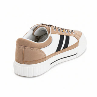 Corky sand beige and white low-top sneaker with black stripes and leopard laces