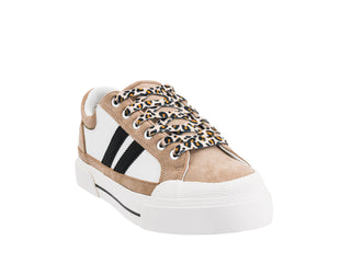 Corky sand suede and white sneaker with black stripe and leopard print laces