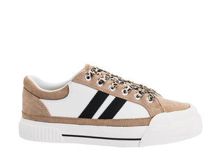 Corky's sand beige and white low-top sneaker with black stripes and leopard laces