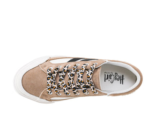 Sand suede sneaker with leopard print laces, black stripe, and white sole