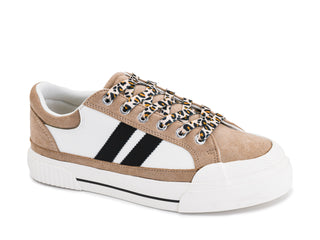 Corky sand suede low-top sneaker with leopard laces and black side stripes