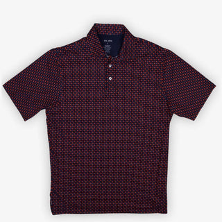 Red and black patterned polo shirt on a white background