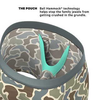 Shinesty Ball Hammock pouch underwear interior view showing teal hammock support system in grey duck camo pattern