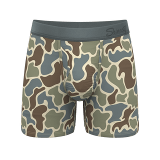 Shinesty Ball Hammock boxer briefs in grey duck camouflage pattern with grey waistband