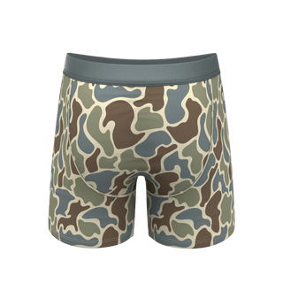 Shinesty Blender Ball Hammock boxer briefs in grey duck camouflage pattern, back view
