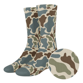 Shinesty Blender Crew Socks in Grey Duck Camo with blue-grey toe and heel