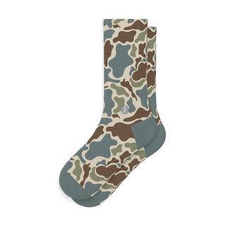 Shinesty Blender Crew Socks in Grey Duck Camo pattern with blue-grey toe and heel