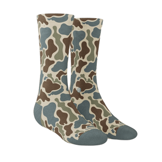 Shinesty Blender Crew Socks in Grey Duck Camo with tan base and blue-grey toe and heel