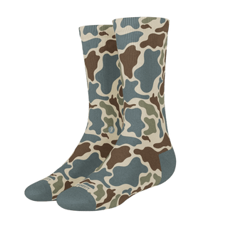 Shinesty Blender Crew Socks in Grey Duck Camo pattern with teal toe and heel