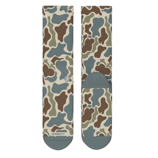 Shinesty Blender Crew Socks in Grey Duck Camo camouflage pattern, front and back view