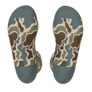Shinesty Blender Crew Socks in Grey Duck Camo shown flat from top view displaying camouflage pattern