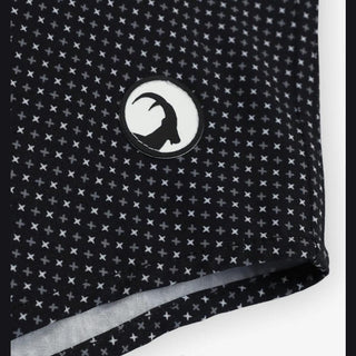 Black fabric with white star pattern and logo on a white background