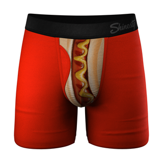 Shinesty red boxer briefs with realistic hot dog and mustard print on front pouch