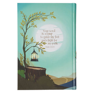 The Discovery Bible hardcover journal with Psalm 119:105 verse and lantern illustration on teal background