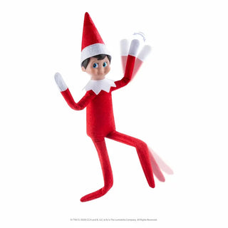 Poseable Elf on the Shelf doll in red suit and pointed hat, waving