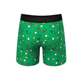 Shinesty Front Nine men's boxer briefs in green with golf balls, flags, and tees pattern