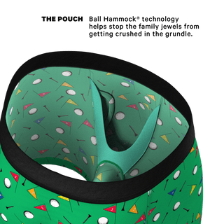 Shinesty Ball Hammock pouch underwear interior view with golf ball and flag pattern on green fabric