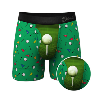 Shinesty Front Nine golf-themed green boxer briefs with golf ball tee pouch detail and fly