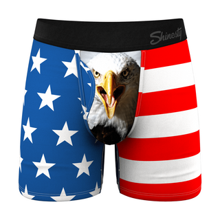 Shinesty American Flag boxer briefs with bald eagle graphic on pouch and black waistband