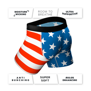 Shinesty American Flag boxer briefs with stars, stripes, black waistband, and pouch design