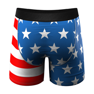 Shinesty American Flag boxer briefs with red, white, blue stars and stripes pattern, black waistband