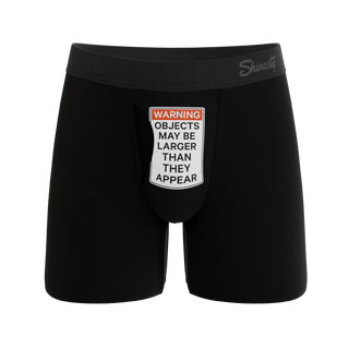 Shinesty black boxer briefs with humorous warning label print on front pouch area