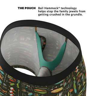 Shinesty Ball Hammock pouch underwear interior showing teal hammock support and fishing lure pattern