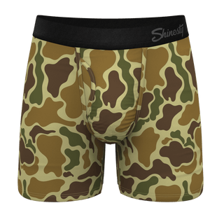 Shinesty Duck Camo Ball Hammock pouch boxer briefs with black waistband on white background