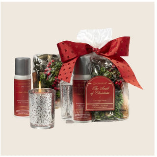 Aromatique The Smell of Christmas Gift Set Trio with votive candle, room spray, and decorative fragrance potpourri.