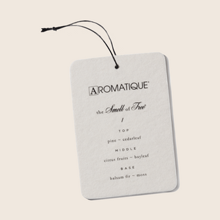 Aromatique The Smell of Tree aroma card tag showing fragrance notes on white card