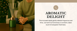 Aromatique The Smell Of Tree Mini Reed Diffuser in green glass vessel with gold collar and natural reeds on wooden table.