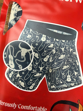 Shinesty navy boxer briefs with western pattern: bull skulls, guitars, cowboy hats, ropes
