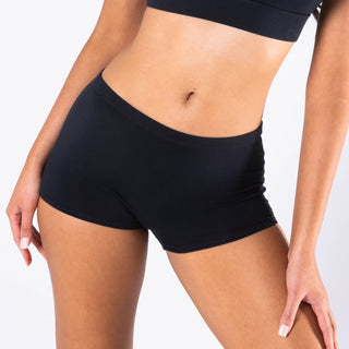 Woman wearing black modal boyshort underwear with smooth waistband on white background